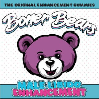 Boner Bears logo for male enhancement. Has a picture of a purple bear on the top of the page with the words "Male Libido Enhancement" underneath the bear.