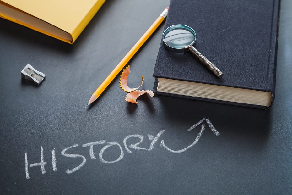 Graphic representing the History of the Swinging Lifestyle. It contains a book, magnifying glass, a pencil and the word "history" spelled out in white chalk