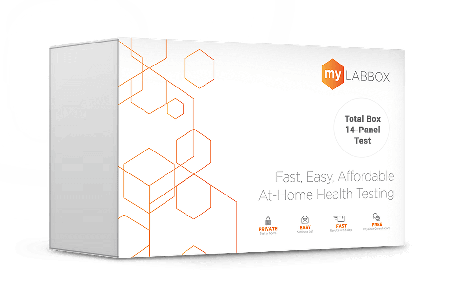 Picture of MyLab Box with a white background showing their 14 panel sexual wellness at-home testing kit